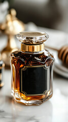 Luxurious glass jar of golden honey on marble background with gold accents