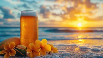 Tropical sunset with glass of beer and flowers on sandy beach. National Relaxation Day