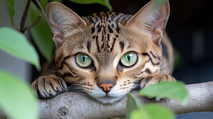 Bengal cat with striking green eyes on tree branch surrounded by green leaves