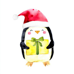 Festive penguin with santa hat holding gift box in watercolor style