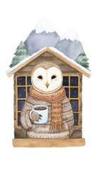 Cozy owl in sweater holding a warm drink in snowy cabin setting