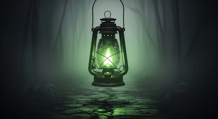 Eerie green glow from antique lantern illuminating cracked stone ground in foggy forest