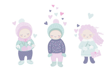 A set of characters in love, girl, boy with flowers, love letter and hearts in a soft color palette. Springtime illustrations for Valentine's Day.