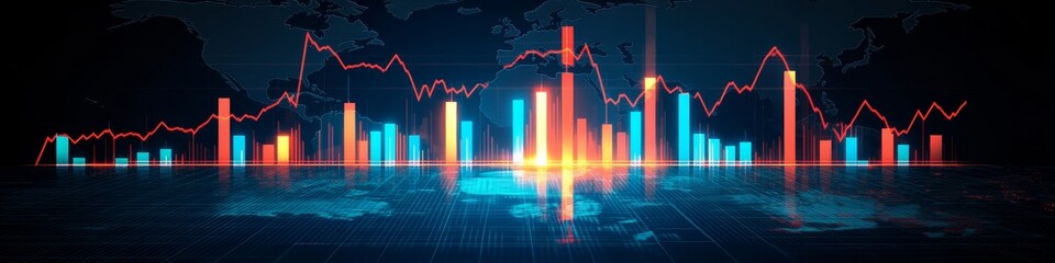 Naklejka premium Stock market analysis with vibrant red and yellow trend lines, blue candlesticks on dark background
