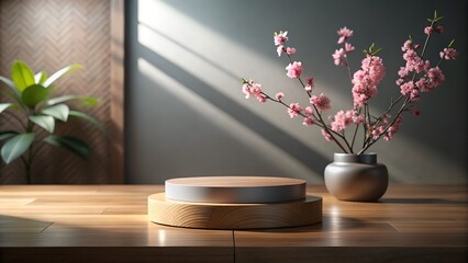 Elegant Product Display with Cherry Blossoms and Wooden Platform