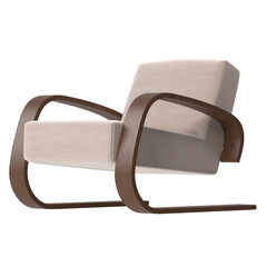 Mid-century modern bentwood armchair, low angle perspective view, 3D render, isolated on transparent background.
