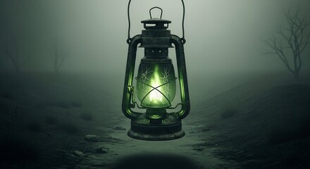 Eerie green lantern illuminates a foggy path through a desolate landscape