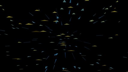 Abstract Starfield with Geometric Triangles in Yellow and Blue on Black Background