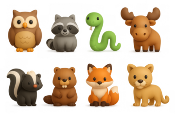 Cute woodland animals in 3d cartoon style: owl, raccoon, snake, moose, and more