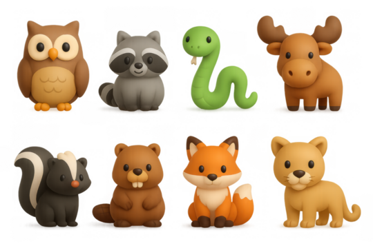 Cute woodland animals in 3d cartoon style: owl, raccoon, snake, moose, and more