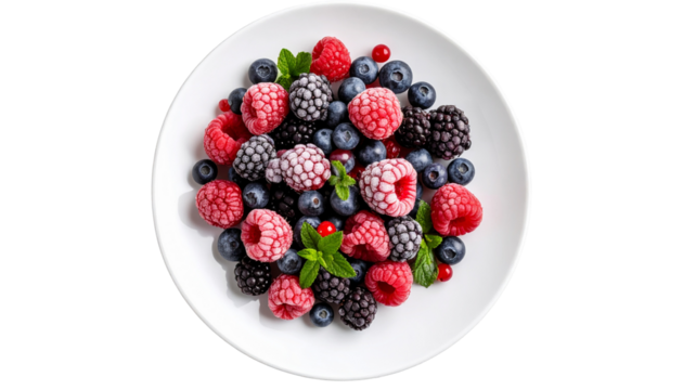 Assorted Frozen Berries on a White Plate with Transparent Background

