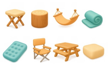 Cozy camping furniture collection featuring chairs, hammock, and table in 3d cartoon style