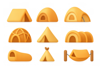 Collection of diverse 3d camping tents in various shapes and styles