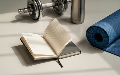 Fitness and Wellness Planning: A journal sits poised for entries alongside a dumbbell, water bottle, and yoga mat, symbolizing the dedication to fitness and wellness goals.