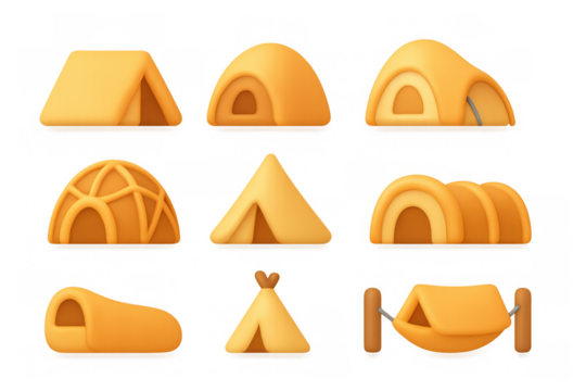 Collection of diverse 3d camping tents in various shapes and styles