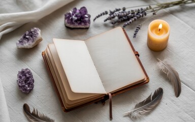Fototapeta premium Journal of Calm: An open journal with blank pages lies amidst a curated arrangement of natural elements. Crystals, dried lavender, burning candle.