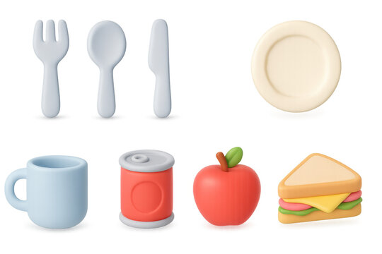 3d cartoon food and utensils with plate and beverage