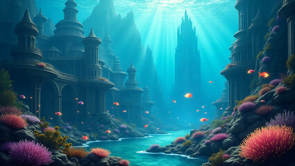 Underwater Crystal City with Glowing Fish