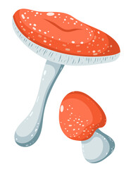 Cute Forest Mushrooms Amanita and Autumn Leaves Set. Vector Illustrations