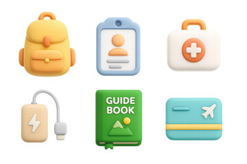 Colorful travel icons collection: backpack, badge, first aid kit, charger, guidebook, luggage