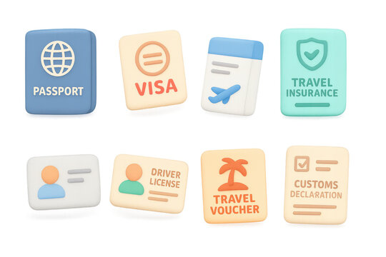 Travel essentials in 3d style: passport, visa, insurance, and more icons