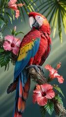 Fototapeta premium Scarlet Macaw in Paradise: A vibrant Scarlet Macaw perches gracefully on a branch, surrounded by lush tropical foliage and blooming hibiscus flowers.