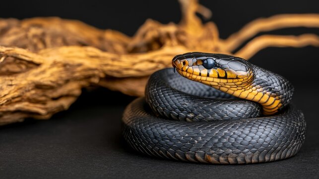 A black snake coiled with yellow markings and blue eyes. Exotic animal portrait on a dark background. Concept of reptile and wildlife. All Hallows Eve, Samhain