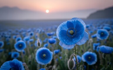 Blue Poppies at Dawn: A field of vibrant blue poppies flourishes in the soft light of dawn, their delicate petals illuminated against a misty mountain backdrop.