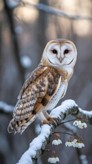 Barn Owl in Winter: A majestic barn owl perches serenely on a snow-covered branch, its striking plumage highlighted against the soft winter light.