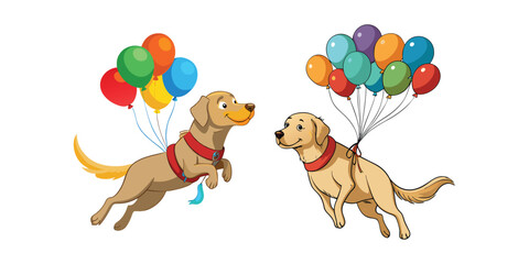 Scared Labrador Flying with Balloons Vector Illustration – Funny Dog Floating in Air, Cute Cartoon Animal Clipart on White Background for Kids and Pet Lovers