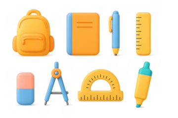 Vibrant 3d school supplies collection with backpack and stationery items