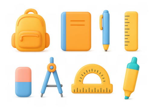 Vibrant 3d school supplies collection with backpack and stationery items