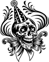 Obraz premium SVG cartoon skull with skeleton elements in bold tattoo style design. Festive Skull Artwork with Party Hat and Decorative Swirls
