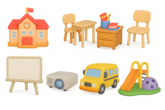 Whimsical 3d school objects: classroom furniture, supplies, playground