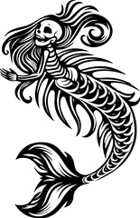 Fototapeta premium SVG cartoon skull with skeleton elements in bold tattoo style design. Creepy Elegant Skeleton Mermaid with Flowing Hair and Tail Design