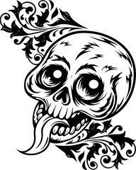 Fototapeta premium SVG cartoon skull with skeleton elements in bold tattoo style design. Unique Artistic Skull Illustration with Swirling Decorative Elements