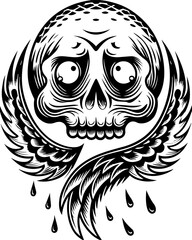 Obraz premium SVG cartoon skull with skeleton elements in bold tattoo style design. Detailed Artistic Illustration of Skull with Wings and Dripping Tears