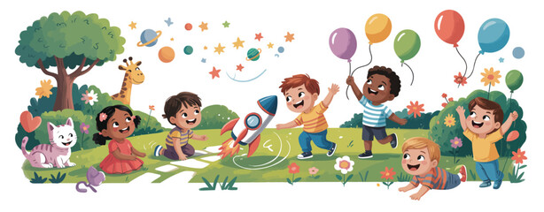 Children of Different Nationalities Creating Art on White Wall Vector Scene Perfect for Promoting Diversity, Unity, Creativity, Education Materials, and Cultural Awareness Graphics

