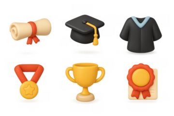 3d graduation icons set featuring diploma, cap, gown, medal, trophy, and ribbon