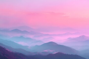 Fototapeta premium Serene pastel sunrise spreads across misty mountain range. Pink and lavender skies blend. 