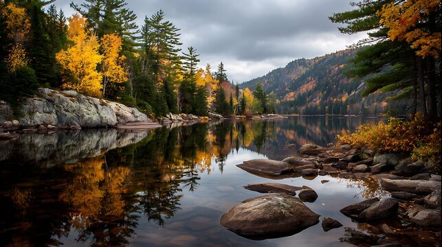 Serene autumn lake reflects golden trees and distant rocks. Wind stirs ripples gently. This is not just nature  peace in water , fall painted in mirror , and landscape breathing in calm .