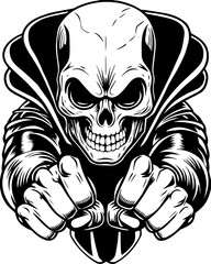 Obraz premium SVG cartoon skull with skeleton elements in bold tattoo style design. Menacing Skull Figure with Outstretched Hands and Dark Cloak