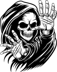 Fototapeta premium SVG cartoon skull with skeleton elements in bold tattoo style design. Grim Reaper with Outstretched Hands in Dark Cloak Illustration