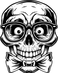 Obraz premium SVG cartoon skull with skeleton elements in bold tattoo style design. Playful Skull with Glasses and Bow Tie in Vintage Style Design