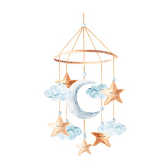 Watercolor baby cradle Mobile with moon, clouds and stars. Hand drawn illustration in pastel colors of kids hanging toy. For greeting cards, gender reveal party or baby shower invitations.