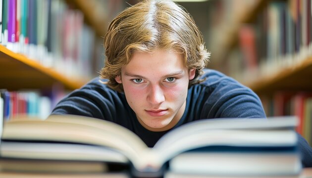 Overwhelmed young student surrounded by books in a library, dedicated to self-study and education.