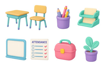 Colorful 3d classroom essentials with school supplies and organized workspace decor