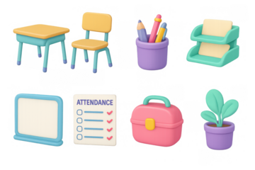 Colorful 3d classroom essentials with school supplies and organized workspace decor