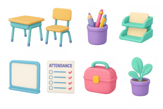 Colorful 3d classroom essentials with school supplies and organized workspace decor