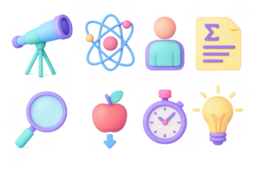 Colorful 3d education and science icons set with telescope and lightbulb